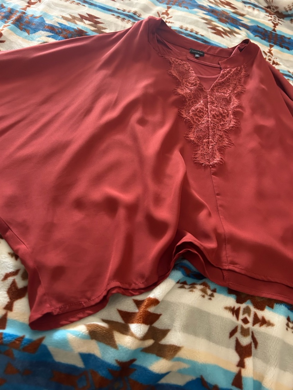 Buckle Lace-Trim V-Neck Blouse in Rust